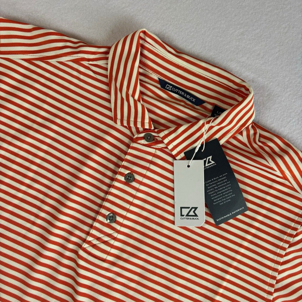 Cutter & Buck Orange/White Striped Stretch Polo Men's L Short Sleeve NWT No Logo